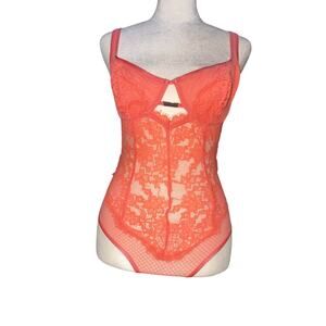 Aerie Show Off Unlined‎ Lace Bodysuit Size 32DD Pink Sexy Sheer Lingerie thong